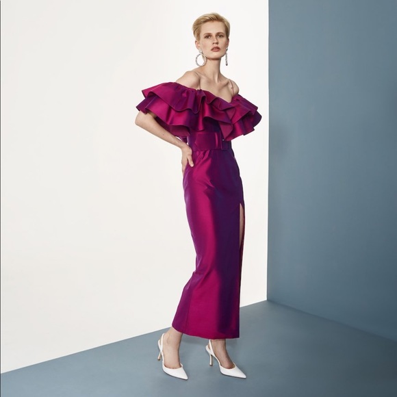 Rasario Dresses & Skirts - Rasario Silk Ruffled Off-The-Shoulder Midi Dress